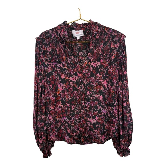 Tops - Gilner‎ Farrar  Black Red Pink Floral Smocked Long Sleeve Top Size M